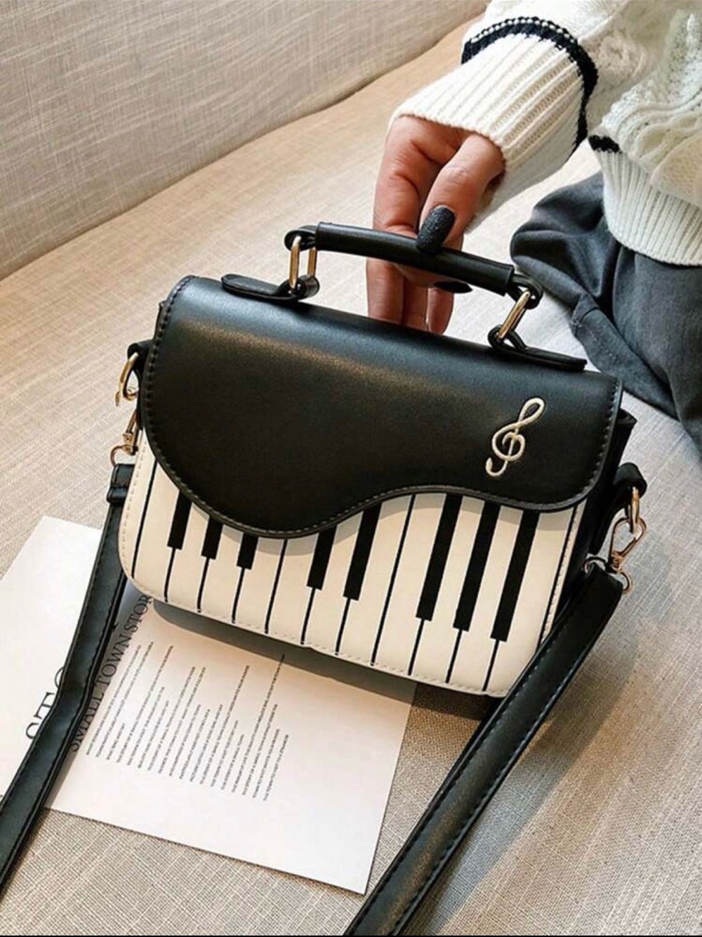 Black & White Piano Key Crossbody Bag with Treble Clef Accent